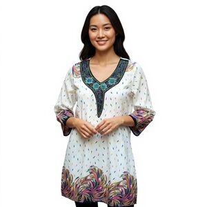 Choosy Cherry Boho Colorful Festival Tunic Style Beaded Neckline Dress S Large